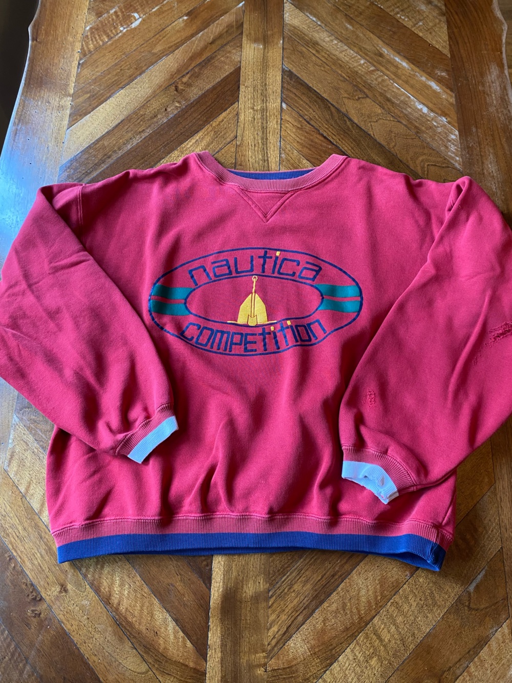 Vintage Nautica Competition Red Crewneck Navy Trim Logo Patch Distressed Size M